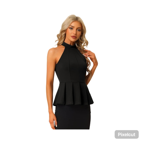 NWOT Size Small Allegra K Black Halter Peplum Blouse - Picture 2 of 6